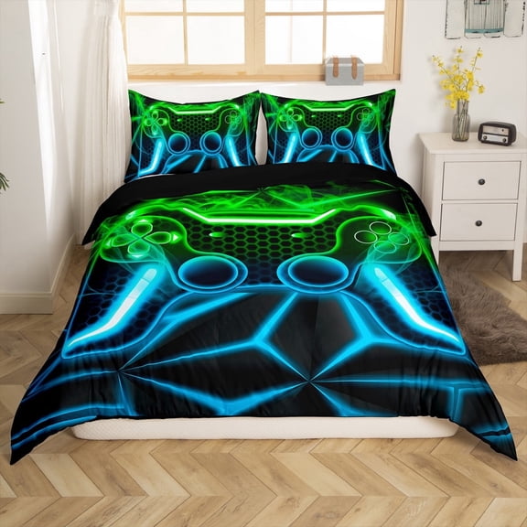 Erosebridal Teens Gamepads Comforter Cover Twin,Blue Green Bedding Twin Size,Video Game Duvet Cover Twin,Breathable Geometric Room Decor,Reversible,2-Piece(No Comforter)