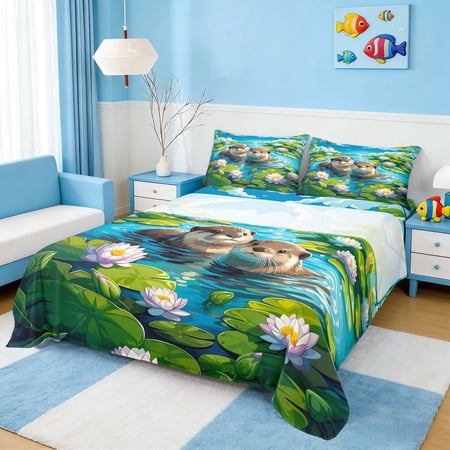 Manfei Cartoon Otter Lily Pond Full Size Sheets for Kids Boys and Girls Animal Print Bed Sheets 4 Pieces 1 Flat Sheet 1 Fitted Sheet and 2 Pillowcases