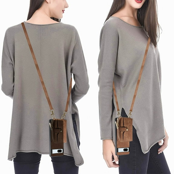 Allytech for Google Pixel 8 Case Cover 2023, Detachable Crossbody Shoulder Strap Cards Slots Large Space Zipper Wallet Pocket Case Cover for Girls Women - Brown