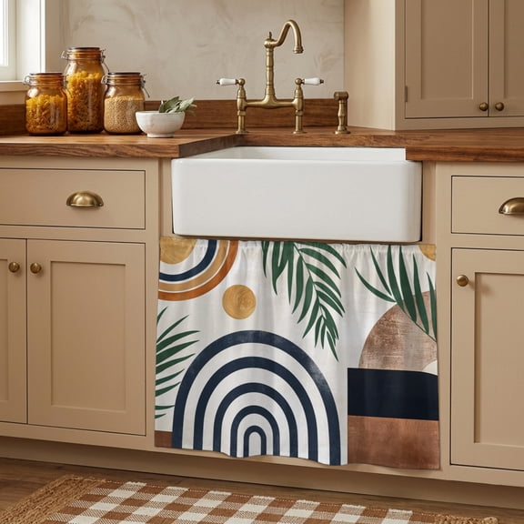 Boho Middle Century Cabinet Curtains 10"W x 11"L, Modern Abstract Botanical Geometric Sink Skirt for Bathroom Kitchen Self Adhesive, Desk Privacy Short Curtain for Shelves Closet Table Storage