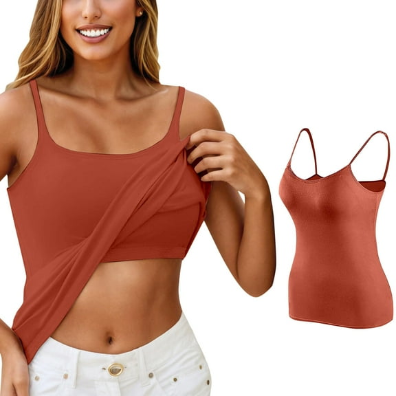 Hpapadks Womens Tankini Tops Casual Adjust Spaghetti Tanks with Built In Shelf Bras Solid Padded Camis Camisole Tops for Women Gold L