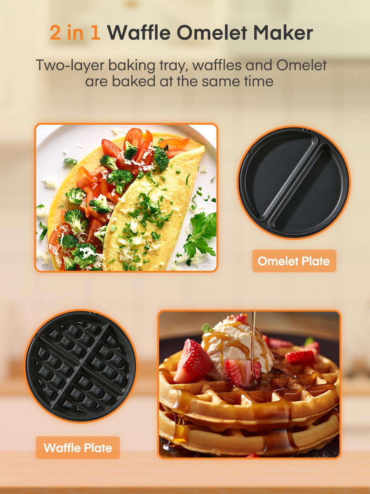 FOHERE 2-in-1 Waffle Maker & Omelette Maker, 1400W 180° Flip