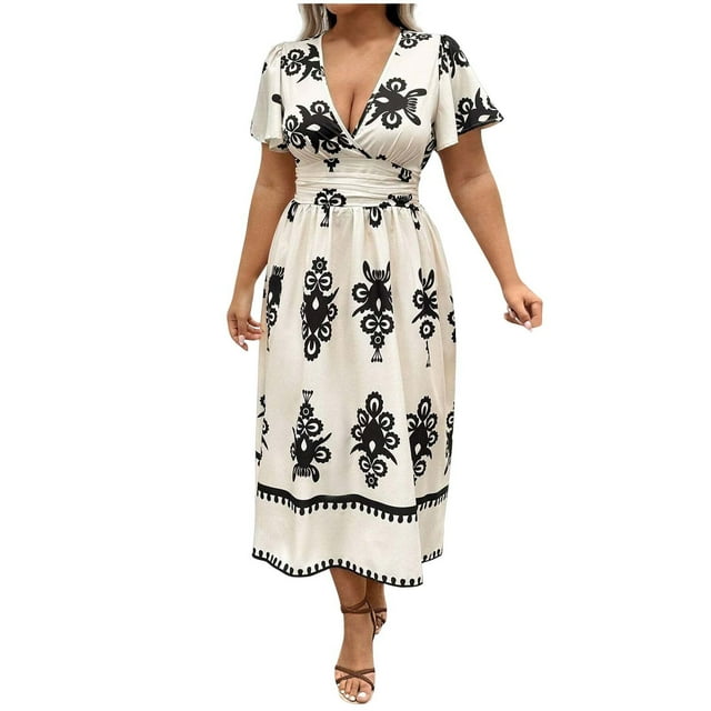 Vestido de Verano de Manga Corta para Mujeres Moda Sexy Tamaño Grande Impresión Plegado Cuello en V, Playa Casual Y Vestido de Fiesta