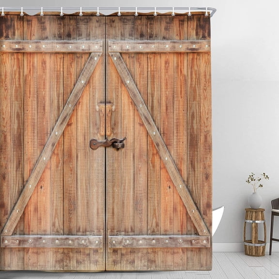 Rustic Barn Door Shower Curtain, Vintage Wooden Old Planks Bath Curtain for Bathroom Decor Farmhouse Themed, Wood Looking Western Country Shower Curtain Set with Hooks 69X70inch