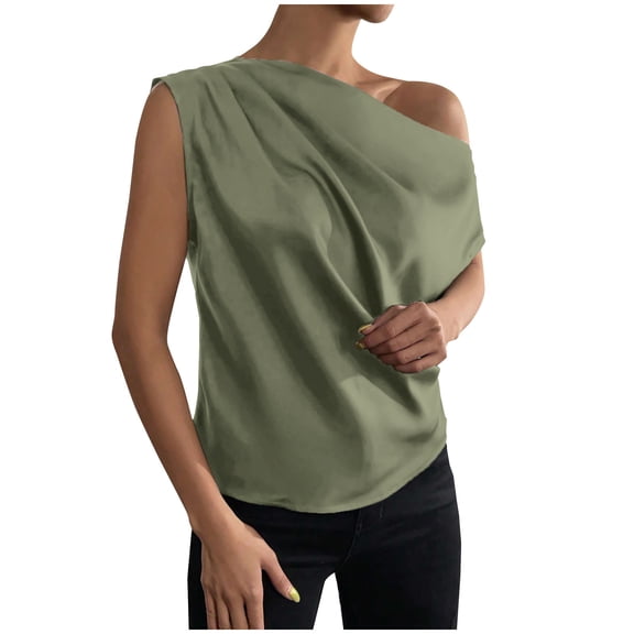 Guluxicc Womens Fashion One Shoulder Tops Casual Solid Color Trendy Pullover Shirts, Green, 2XL