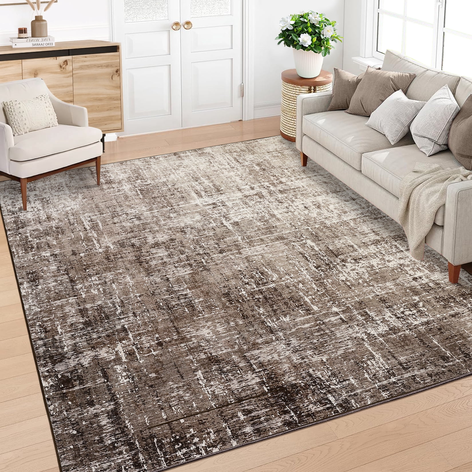 FairOnly 5'x7'Modern Abstract Gradient Color Area Rug Machine Washable Ultra Thin Low Pile Non Slip Carpet for Living Room Dining Room Bathroom,Light Camel