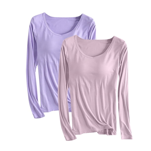 Pijama de manga larga para mujer, ropa de casa de color con almohadillas para el pecho, camiseta de manga larga, cómoda base para uso externo, pijama de modal de cuello redondo para mujer.