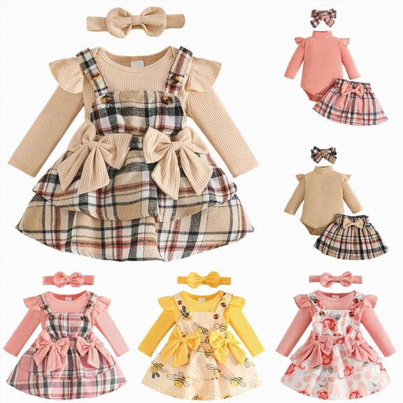 CAUYDY Baby Girl Matching Outfit Sets 3 6 9 12 Months Newborn Long Sleeve Romper Bodysuit Dress Headband 3PCS Toddler Fall Winter Vintage Clothing Beige Sizes 0-3 Months