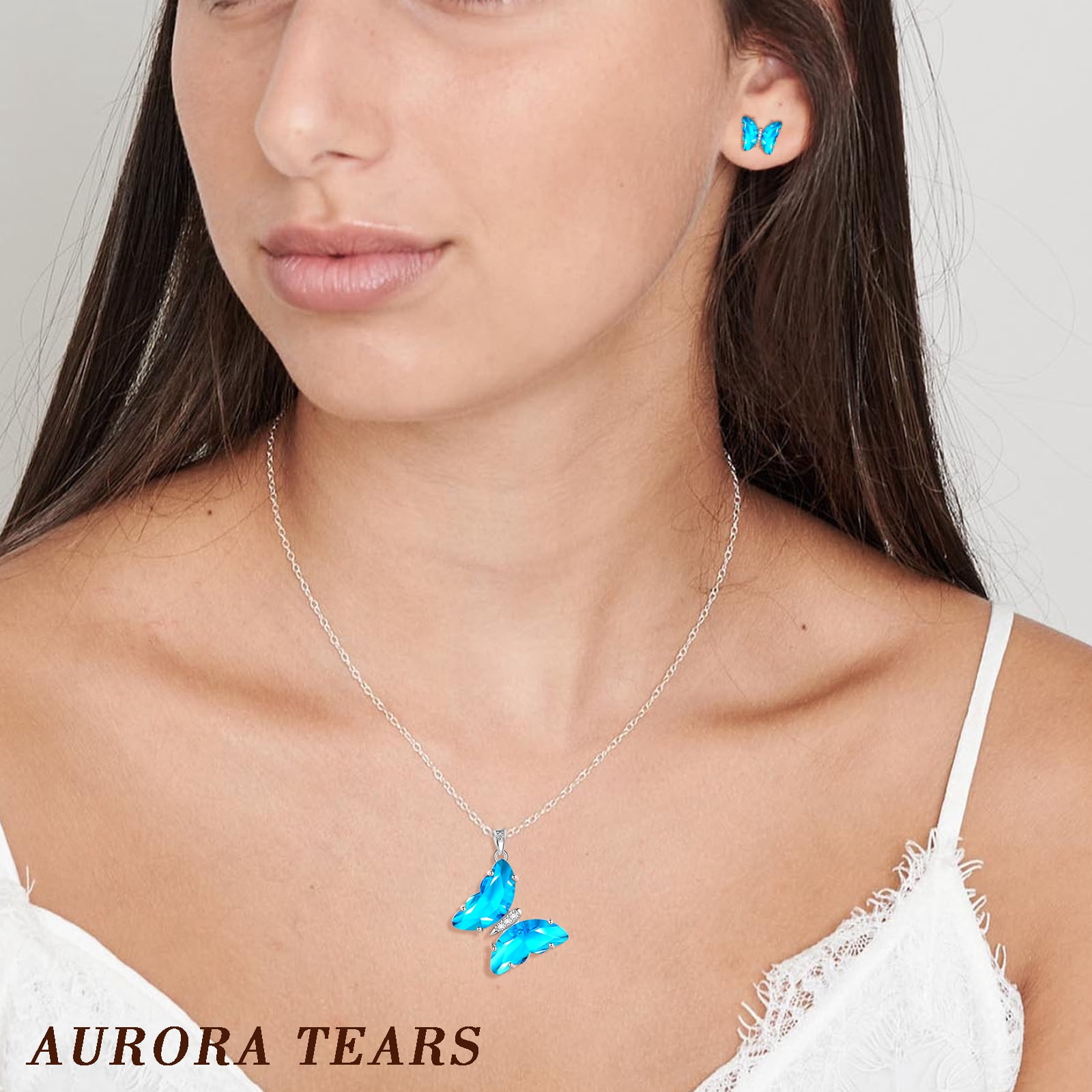 Blue Butterfly Jewelry Sets Necklace Earrings Sterling Silver Aquamarine Jewelry Set March Birthstone Crystal Women Birthday Mother's Day Gifts