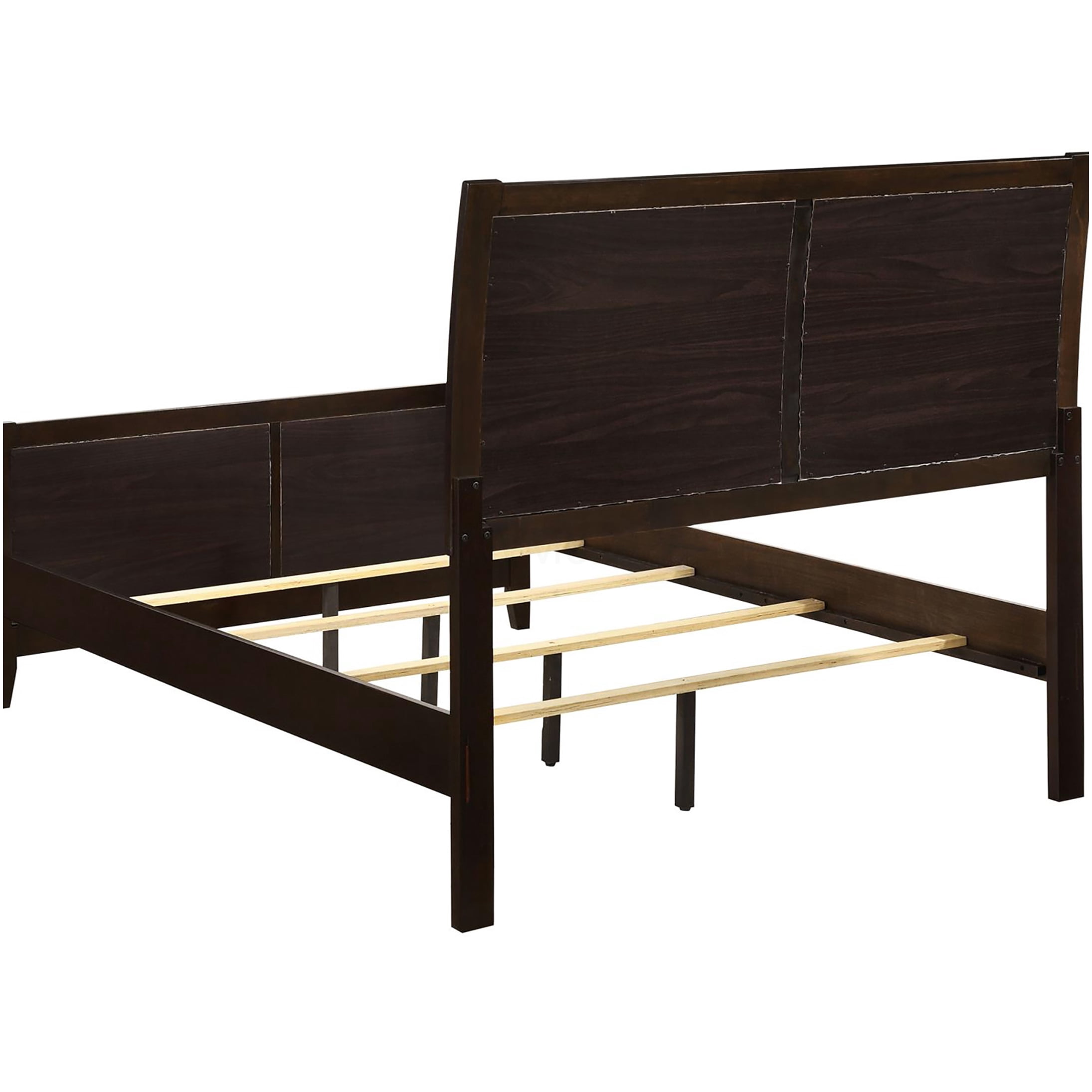 Modern Queen Upholstered Panel Bed Frame with Headboard, Cappuccino Brown Faux Leather and Wood Bed for Bedroom