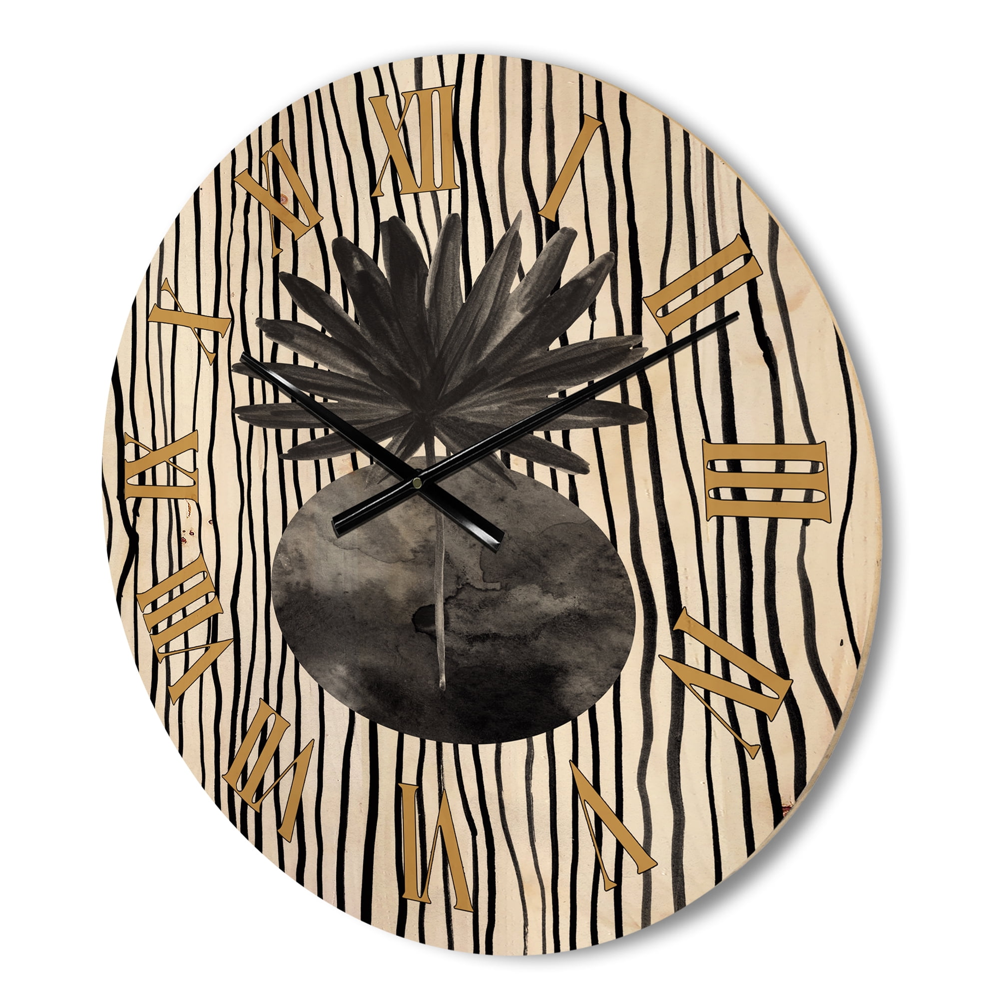Designart 'Black and White Striped Under Tropical Leaf I' Modern Wood Wall Clock
