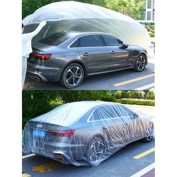 Artrylin 2 Pack Disposable Car Cover Clear Plastic Car Cover Universal Rain Dust Snow Garage Cover with Elastic Band Medium (12.4 FT x 21.6 FT)