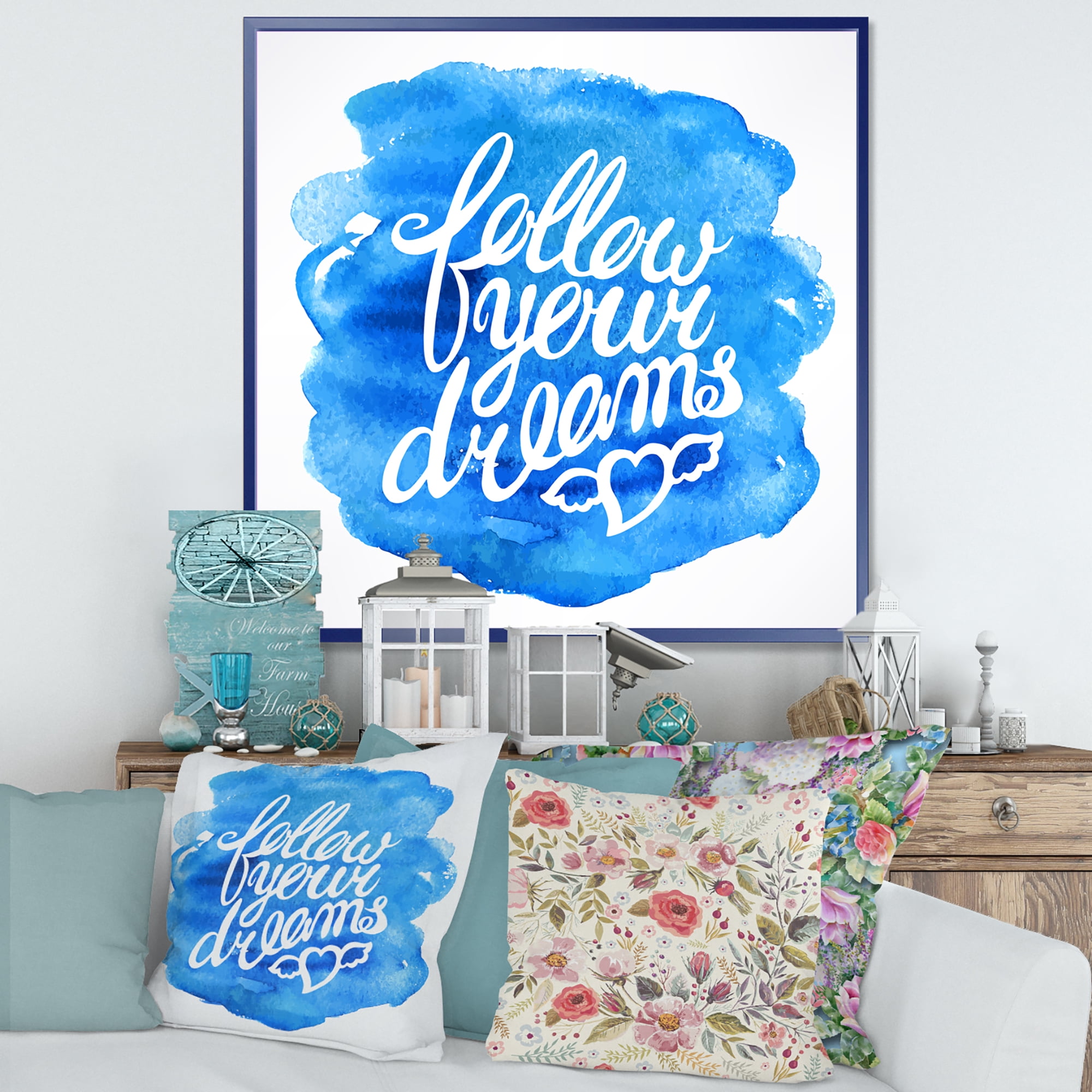 Designart 'Follow Your Dreams On Blue I' Modern Framed Canvas Wall Art Print