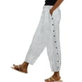 thumbnail image 2 of Women's Casual Pants Women'S Cotton And Linen Striped Elastic Waistband High Waistband Pocket Pants Side Buttons Nine Point Pants Loose Casual Pants Straight Leg Pants,White Women's Casual Pants XS, 2 of 6