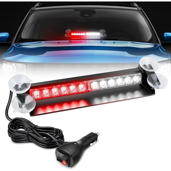 Nilight 12LED LED Flashing Signal Light Bar, Red and White Dual Color, Dash or Windshield Mount, 12V Vehicle Power Plug, Universal Fit for Cars, Trucks, and Utility Vehicles
