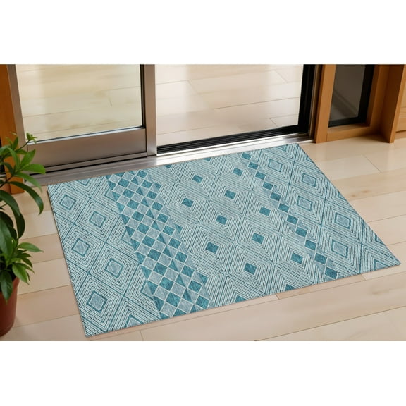 HomeRoots 593456 3 x 5 ft. Teal Blue & Aqua Geometric Washable Indoor & Outdoor Rectangle Area Rug