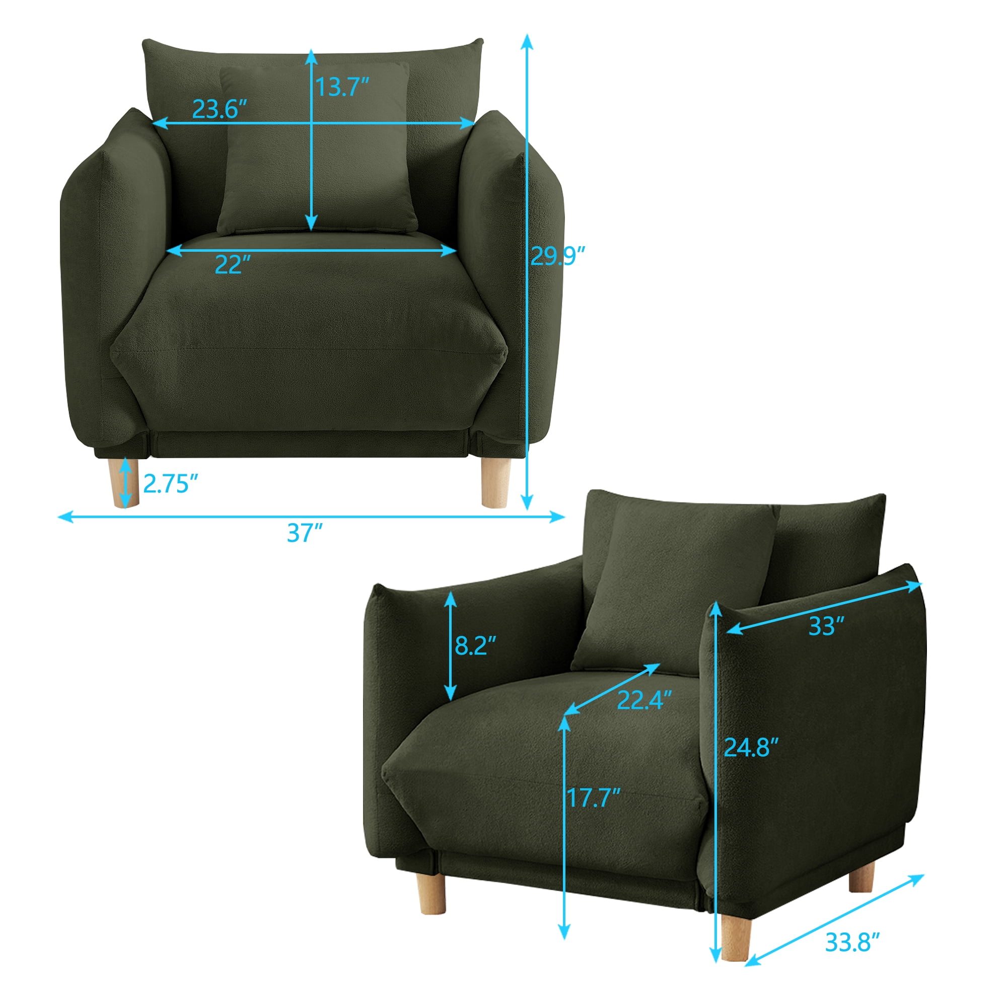 Oversize Accent Chairs for Living Room,Comfy Towelling Fabric Upholstered Armchair,Mid Century Modern Reading Arm Chair Single Sofa Chair with Wood Legs for Living Room Bedroom Playroom,Dark Green