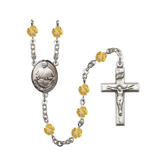 Pope Francis Silver-Plated Rosary 6mm November Yellow Fire Polished Beads Crucifix Size 1 3/8 x 3/4 medal charm