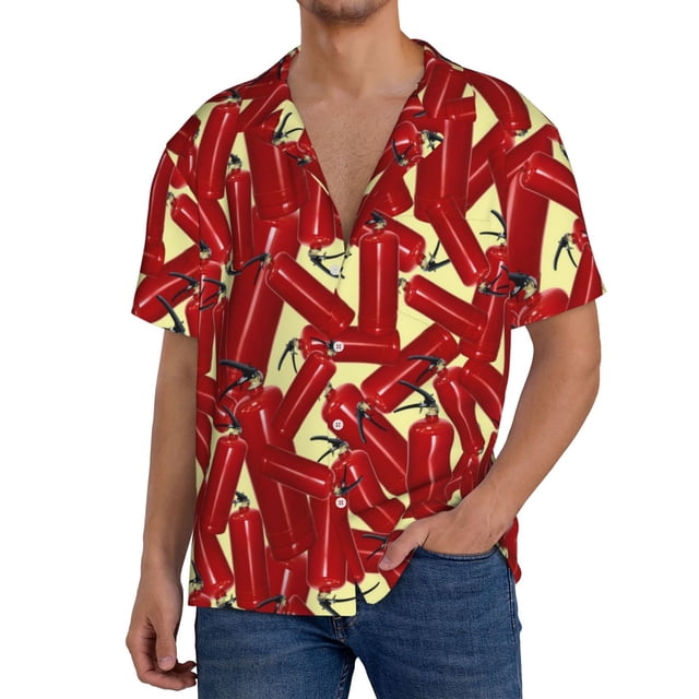 Fotbe Fire Extinguisher Camisa Estampada de Manga Corta para Hombre, Casual de Verano, Estilo Playero, Sin Arrugas-Small