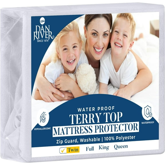 Dan River Waterproof Hypoallergenic Noiseless Twin Mattress Protector, White, Deep Pockets, Fits Up to 21 Inches