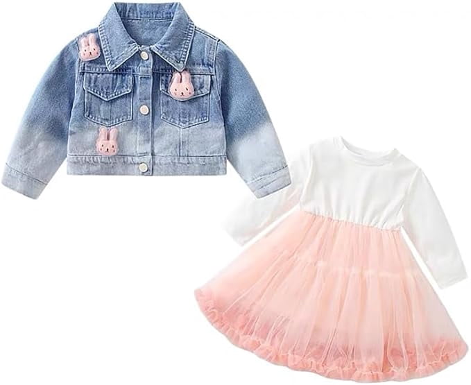 Peacolate 2-7Years Spring Autumn Little Big Girl 2pcs Dresses Clothing Sets Long Sleeve Dress and Strawberry Denim Jacket,Pink,2years