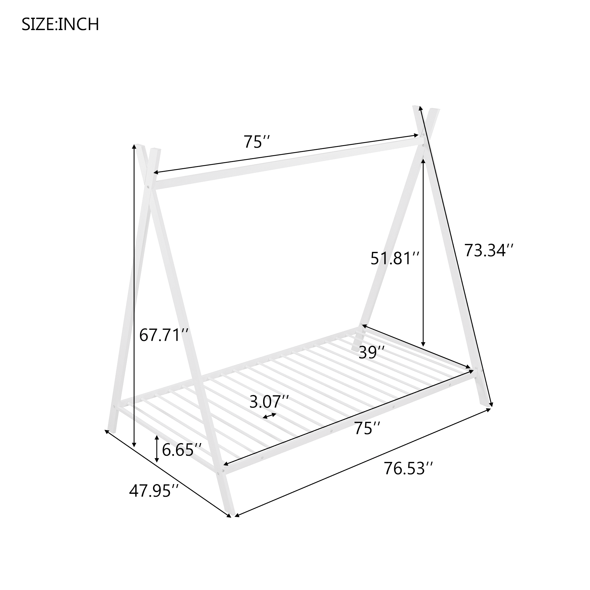 Gewnee Twin Size Metal Tent Bed Floor House Bed with with x-Shaped Frame for Kids,White