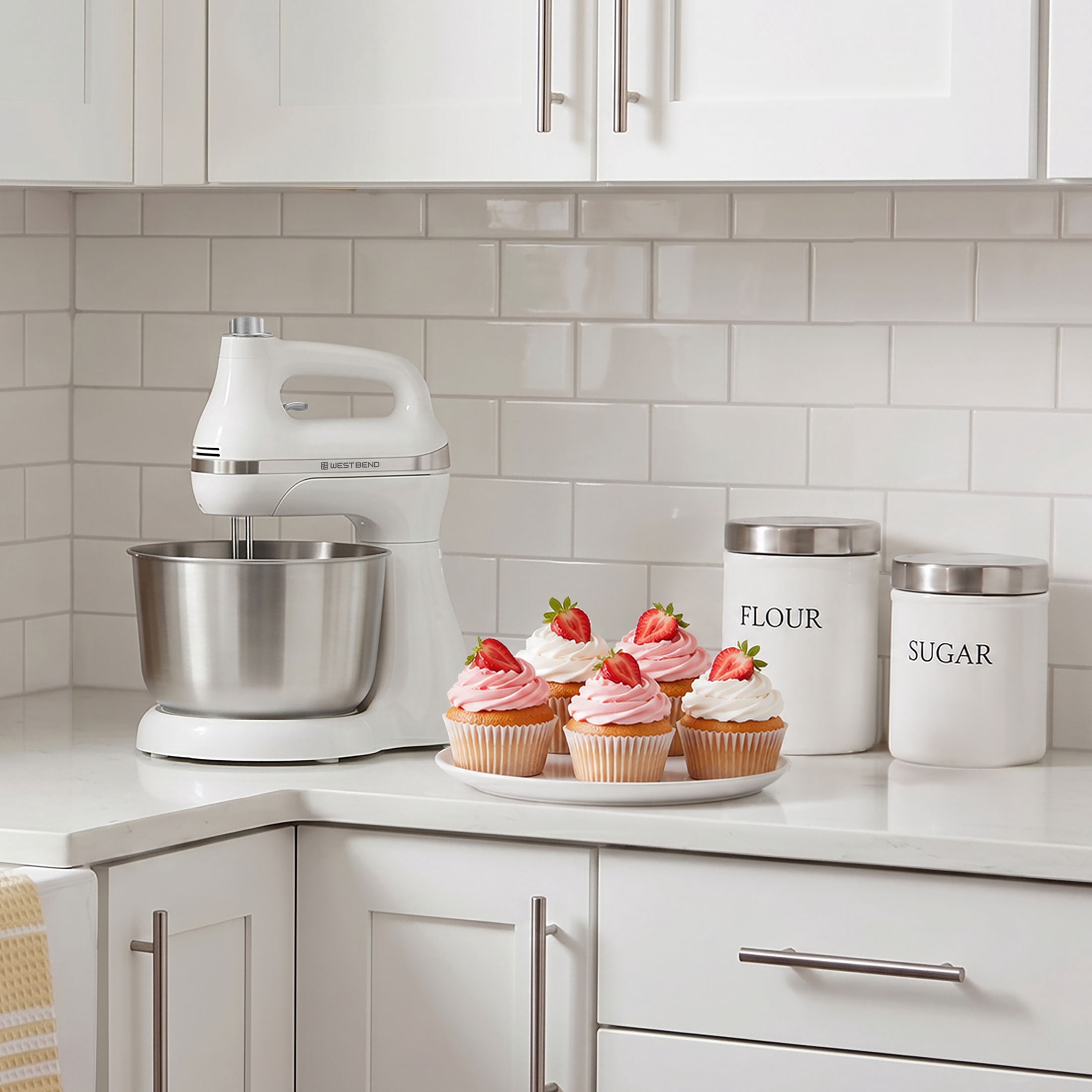 West Bend Two Sweet 2-in-1 Mixer, 4.4 Qt Capacity, Hands-Free Stand or Hand Mixer, 11 Speeds, Stainless Steel Bowl, in White (SMWB2N1WH13)