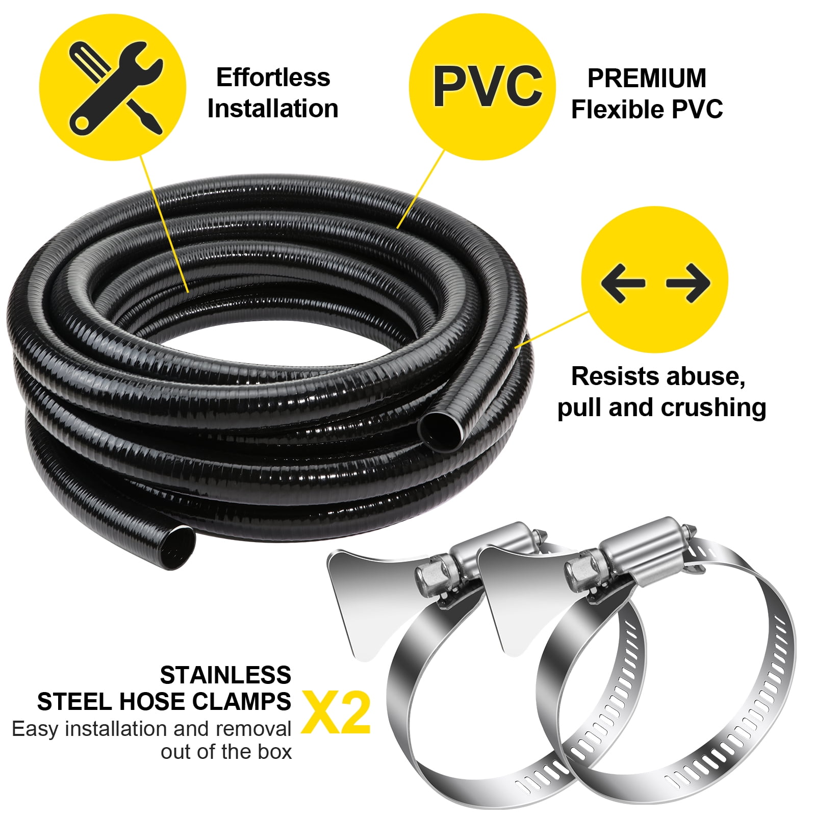 Flexible PVC Pipe1.5" Dia Black PVC Pipe,1.5" x50 feet Pool Hose,Spa Hose Tubing for Koi Ponds, Pond Tubing,Irrigation and Water Gardens,With 2PCS Stainless Steel Clamps
