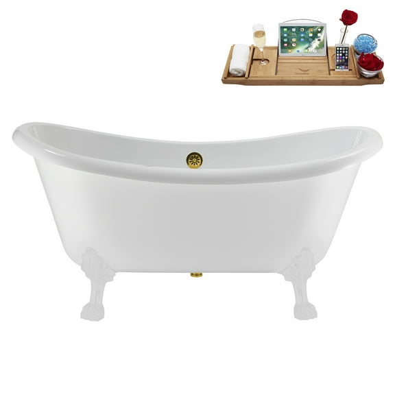 59" Streamline N4880WH-GLD Soaking Clawfoot Tub and Tray With External Drain in Polished Gold and Glossy White Clawfeet