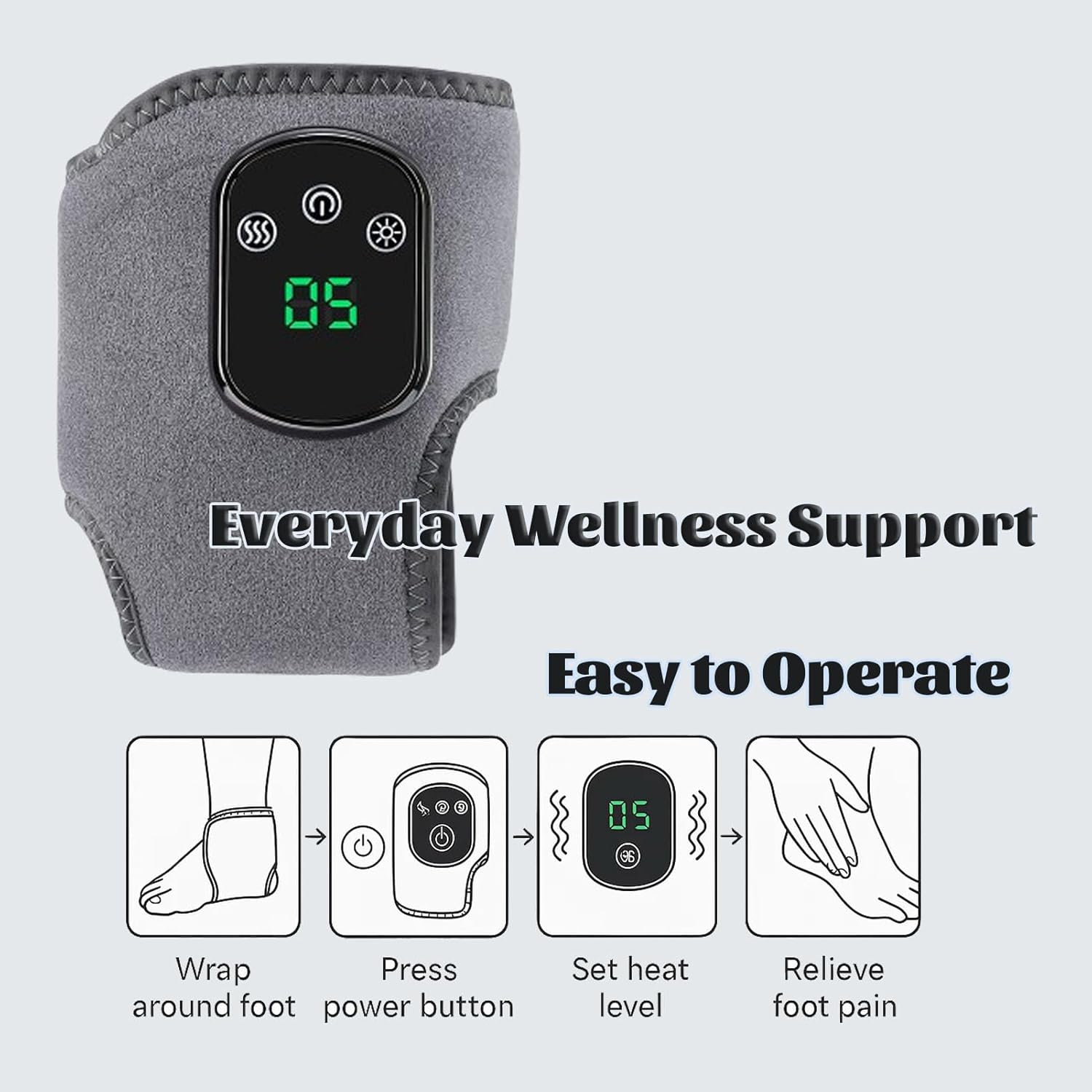 Rejuvenating Foot Triple Massager, a 3-in-1 cordless and portable foot massager with a triple heated ankle bandage, 3 vibration modes, and 5 heat levels to help you relax. Suitable for heels, arches,