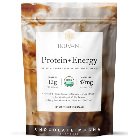Truvani Protein + Energy Drink Mix with 87mg Caffeine | Chocolate Mocha | 12g Organic Plant Based Protein | 20 Servings | USDA Organic Powder & Adaptogens | Gluten & Dairy Free | Vegan | Non-GMO