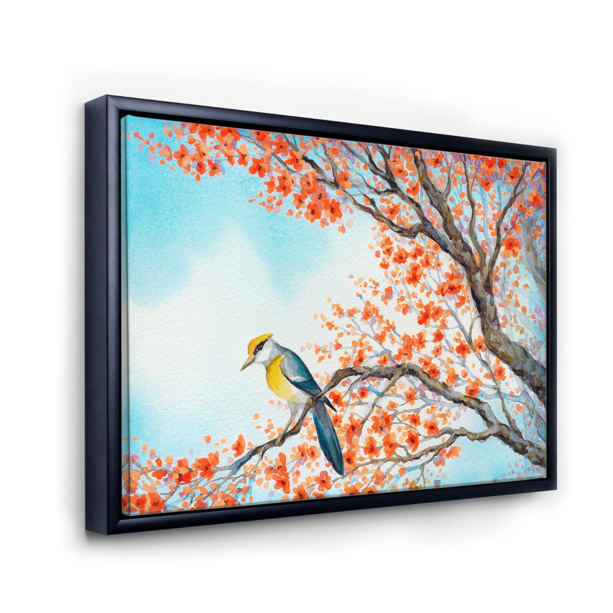 Designart 'Beautiful Orange Bird Sitting On Flowering Branch' Traditional Framed Canvas Wall Art Print
