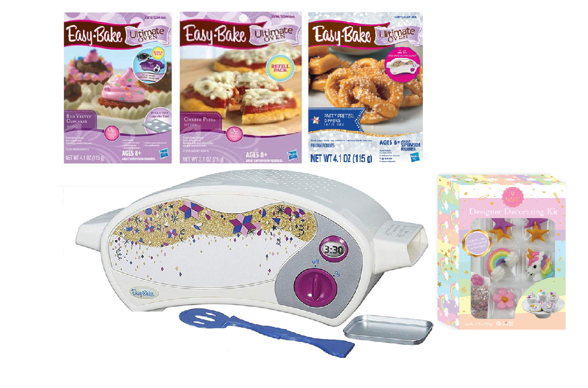 Easy Bake Oven Set with Baking Accessories - 4 Delectable Refill Mixes (Red Velvet Strawberry Cupcakes, Donut, Pizza and Whoopie Pies), Designer Kit 
