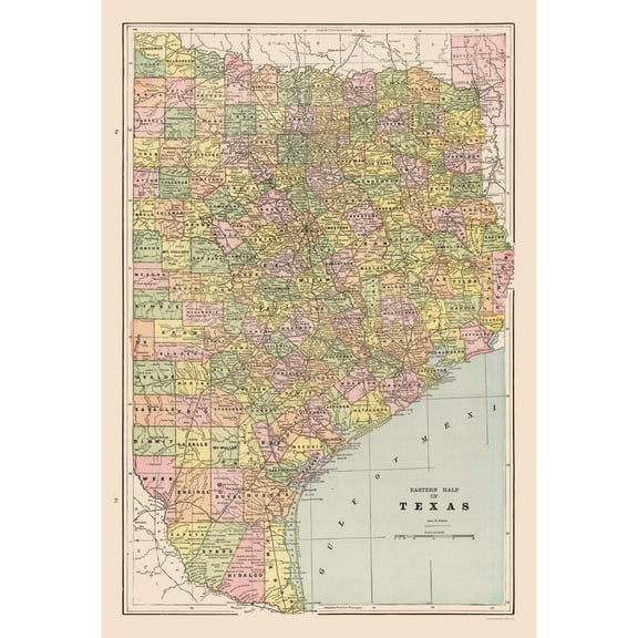 Historic State Map - Eastern Texas - Cram 1892 - Vintage Wall Art