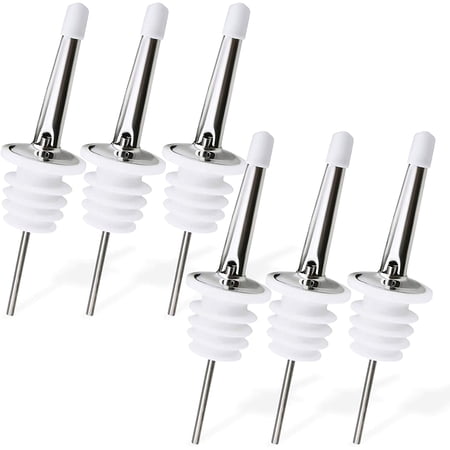 Liquor Bottle Dispenser Spouts \u2013 Classic Speed Pours for Alcohol, Olive Oil and Shave Ice Syrup \u2013 Rustproof Stainless Steel with Tapered Pouring Funnels and Dust Caps (6 Pack)