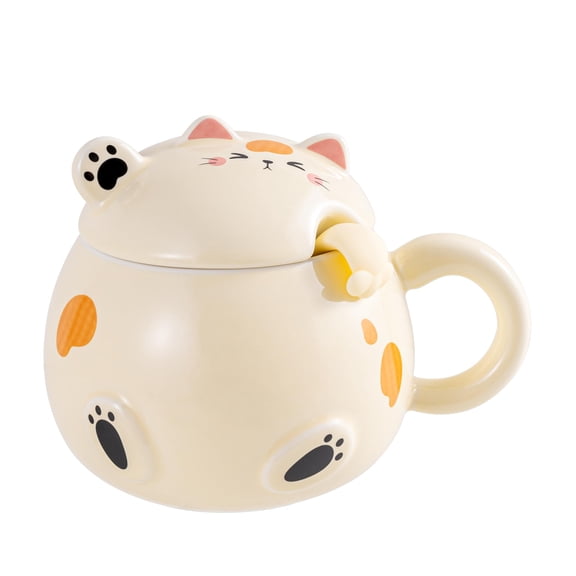 Urban Tokyo Whimsical Cat Mug Adorable Coffee Mug Ceramic Cup Novelty Mug with Lid and Stainless Steel Spoon 15 fl oz Lovely Kitten Neko (Yellow)