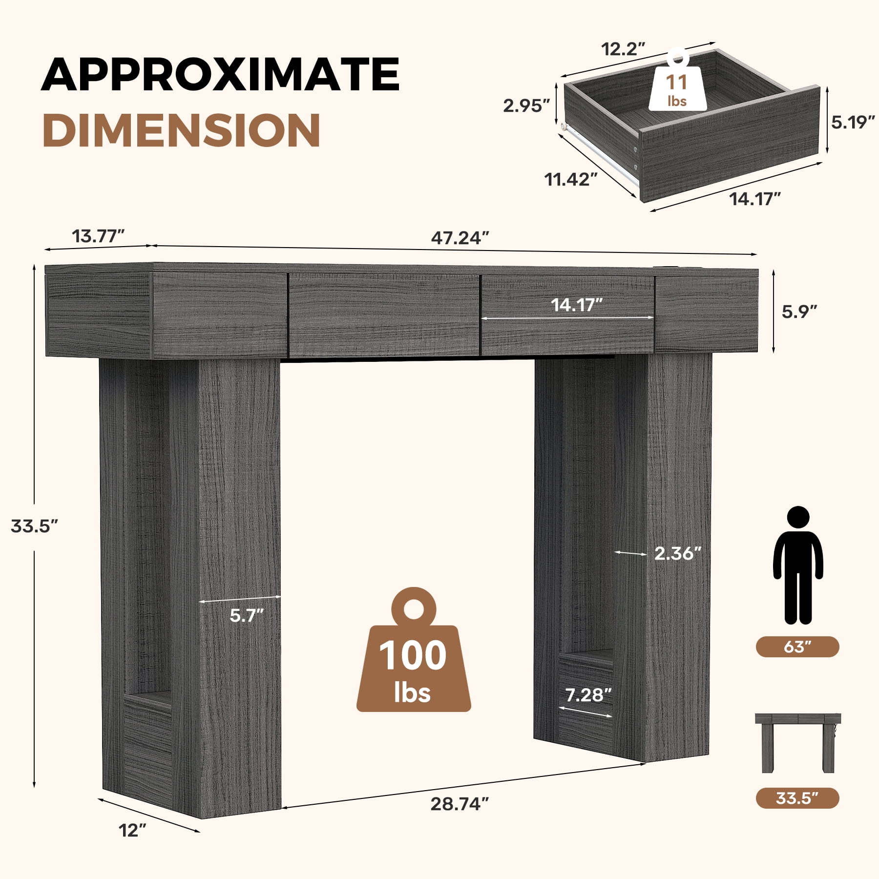MOONMISS 47"Wide Console Table with 2 Drawers, Multifunctional Charging Station, LED Light, Solid Wood Farmhouse Console Table Behind Couch for Entryway, Hallway, Living Room-Gray