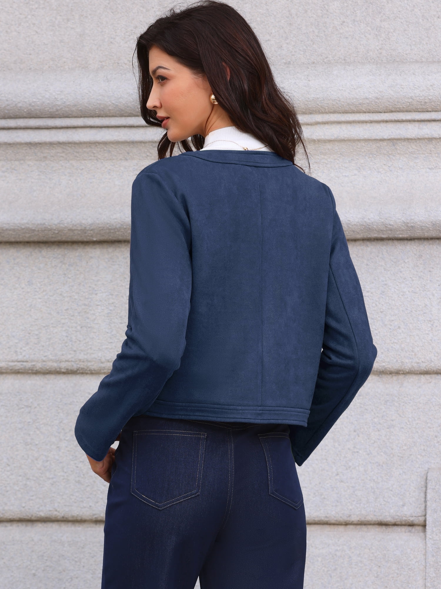 DARING DIVA Women's Collarless Long Sleeve Outerwear Faux Suede Jacket M Dark Blue
