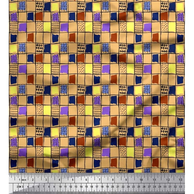 Soimoi Rayon Fabric Check & Brush Stroke Abstract Print Sewing Fabric Yard 56 Inch Wide
