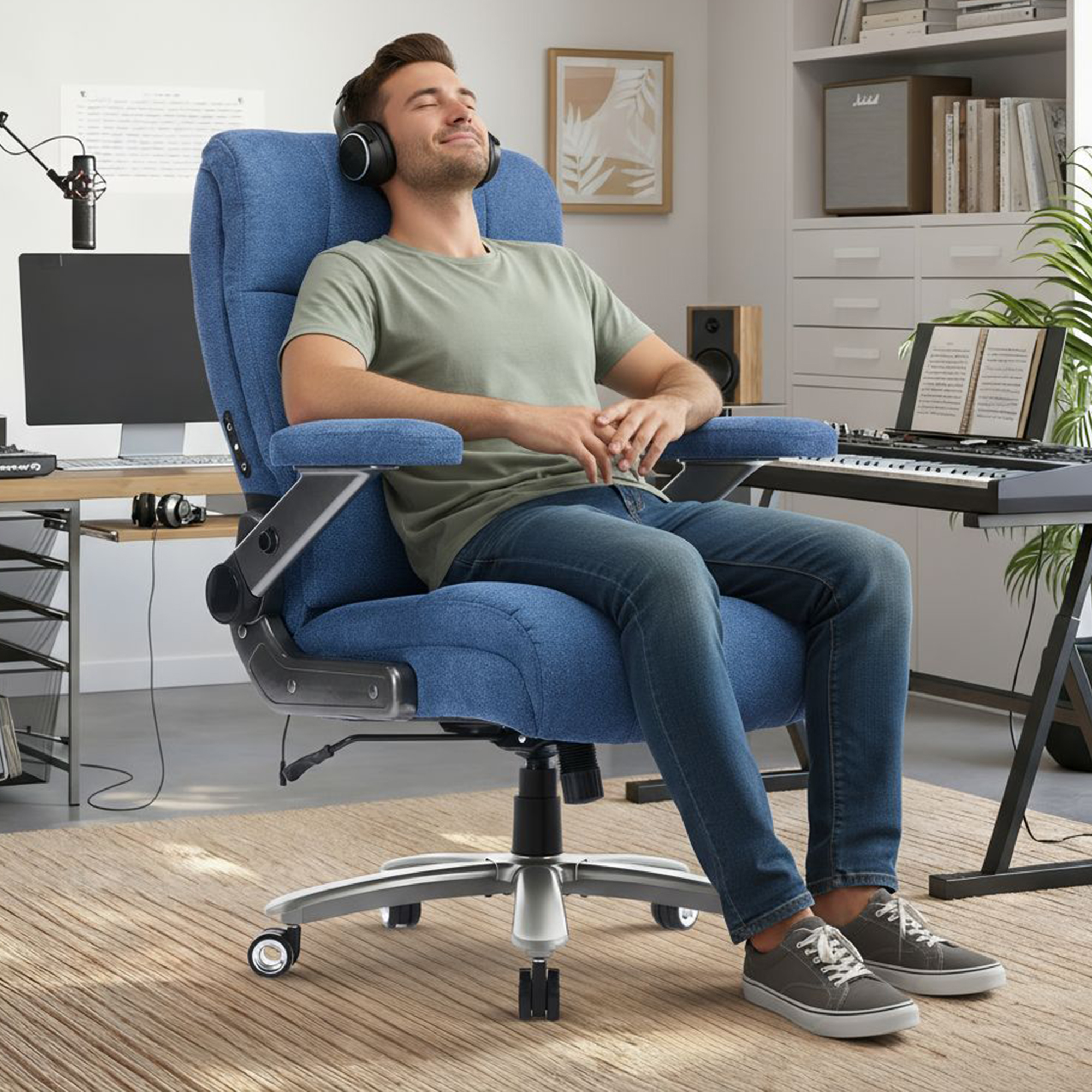 EOP 23.62'' Extra Wide Office Chair, 600 Lbs Big and Tall Executive Office Chair with Heat and Kneading Massage, Ergonomic Computer Chair with 3D Flip-up Arms, Blue