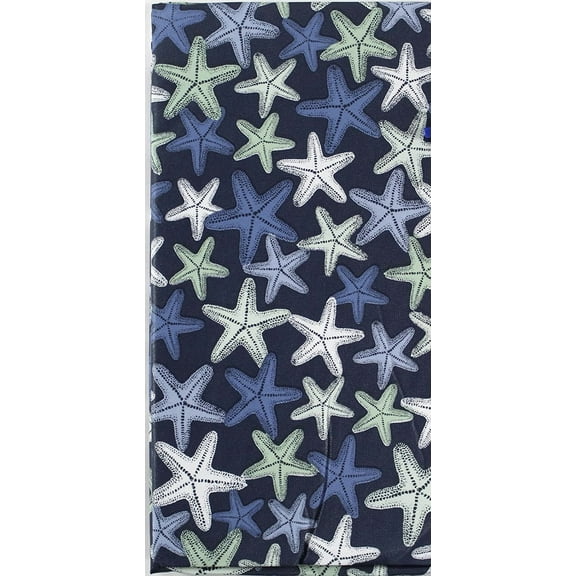 Summer Ocean Fun Starfish Sea Life Vinyl Flannel Back Tablecloth, Indoor/Outdoor, Blue Sea Foam Green White Navy, 52" x 70" Inch Rectangle