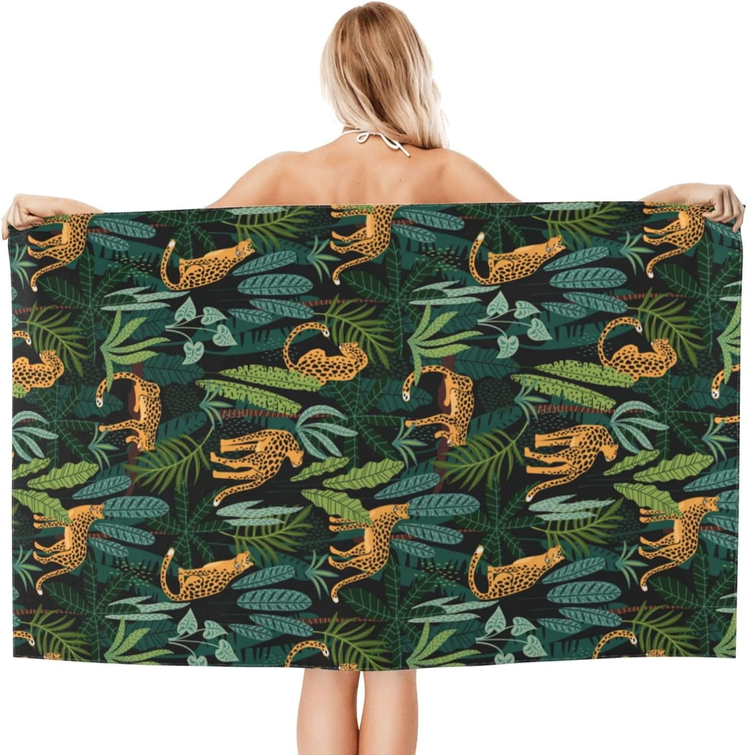 Leopard Print Towels Wild Animal Leopard and Tropical Leave Spots Beach Bath Towel Soft Absorbent Microfiber Hand Towels for Hair Spa Hotel 52x32 Inch Trendy