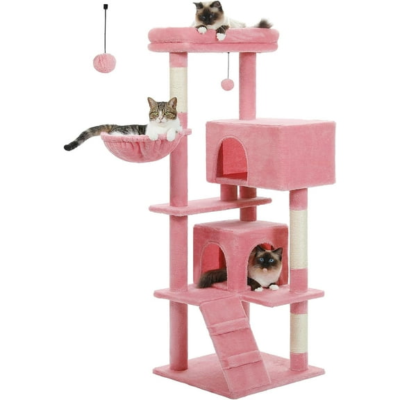Pink Cat Tree for Large Cats with Super Large Top Perch,56.2" Multi-Level Tower for Indoor Cats with Hammock, Cat Shelves with Scratching Posts and 2 Condos Houses, Pink