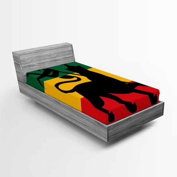 Ambesonne Rasta Fitted Sheet, Lion Reggae Striped Flag Art, Twin Size, Yellow Black
