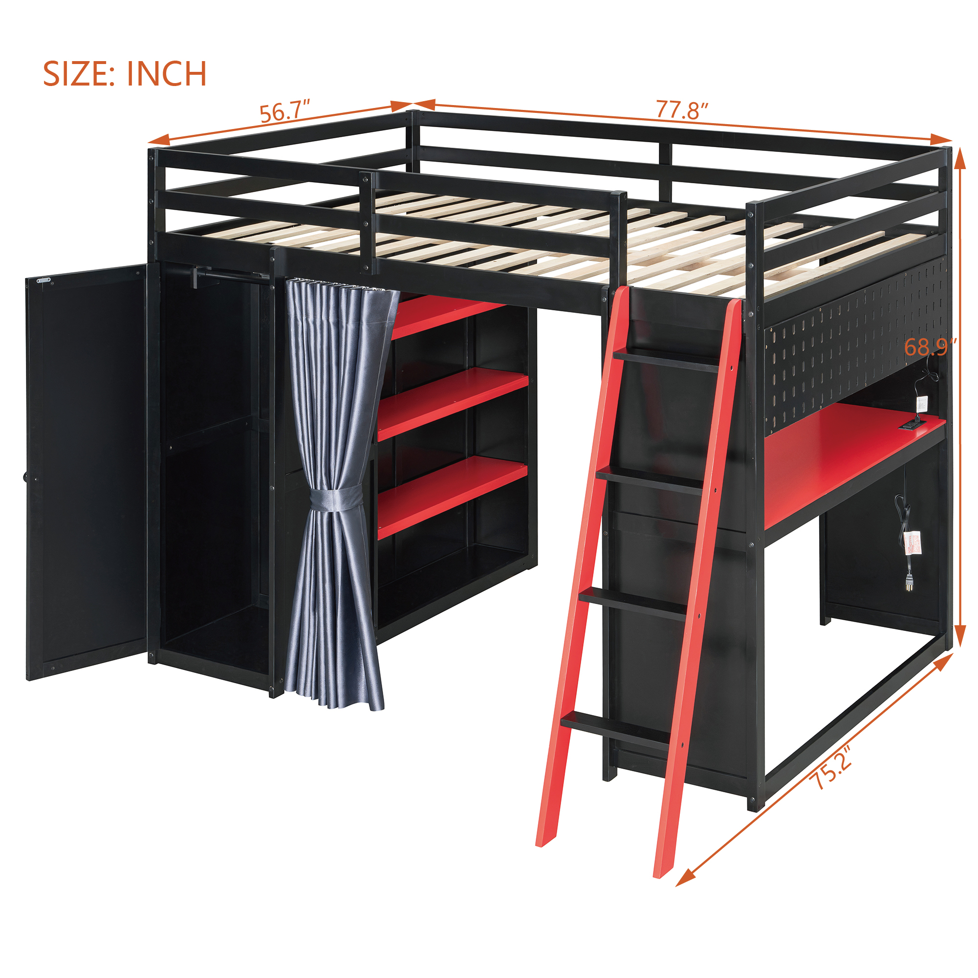 Mintazer Full Size Loft Bed with Wardrobe, Storage Shelves, Desk, Blackout Curtains, Charging Station & RGB Lights Game Bed Frame for Teens, Black & Red