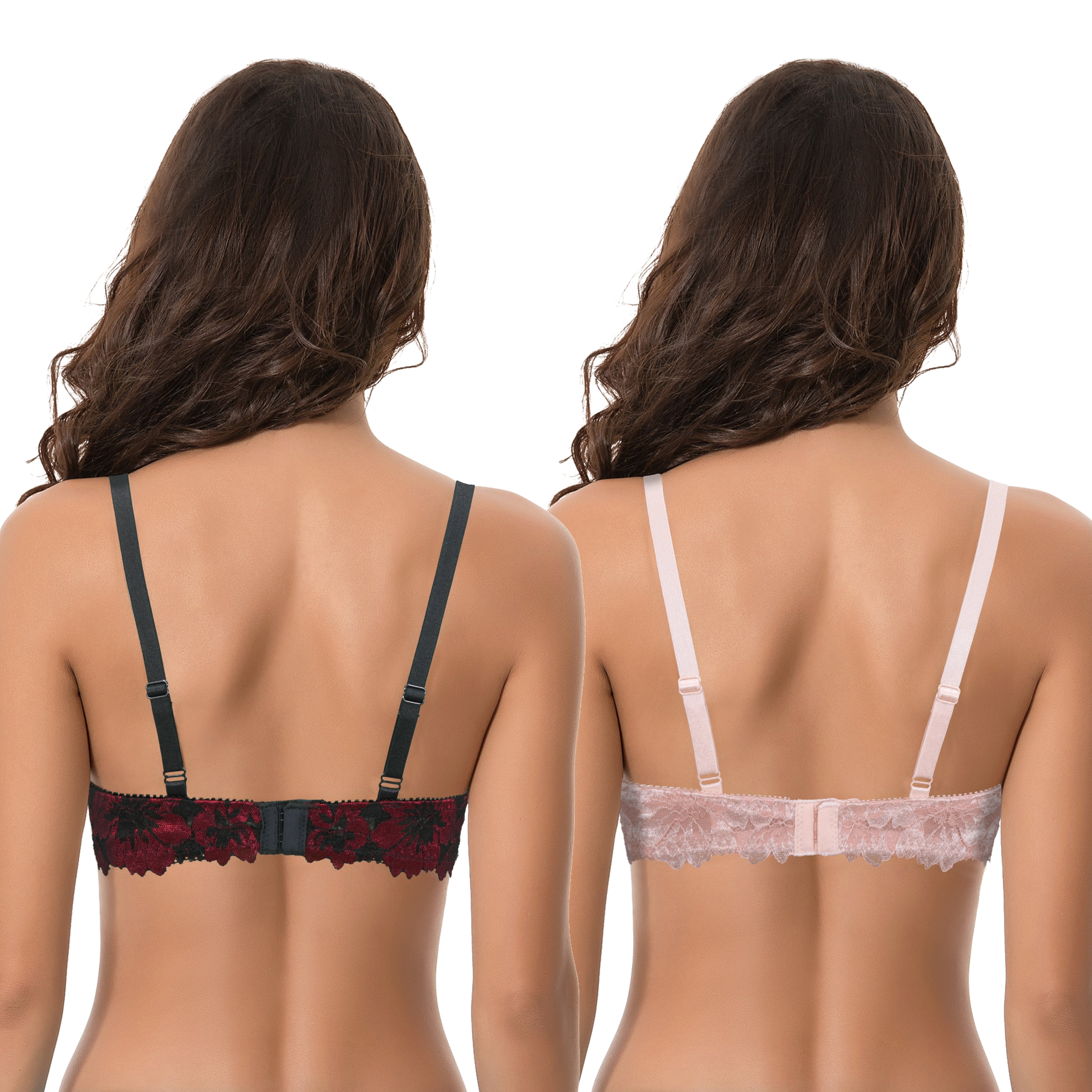 Curve Muse Women's Plus Size Push Up Add 1 Cup Underwire Perfect Shape Lace  Bras-2Pk-Black/Red,Apricot Pink-32C 