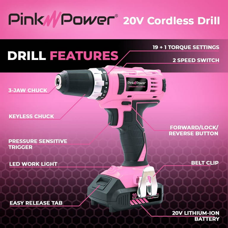 Pink Power 20V Cordless Drill - Electric Drill - Power Drill Cordless -  Hand Drill Lithium Ion Portable Pink Drill Set Tool Set for Women w/  Battery 