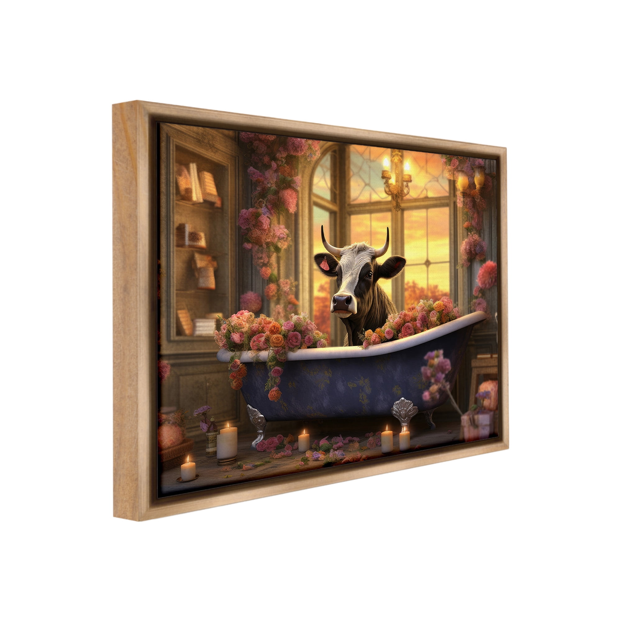 Stupell Industries Bathing Cow at Sunset Animals & Insects Painting Brown Floater Framed Canvas Art Print Wall Art, 31 x 25
