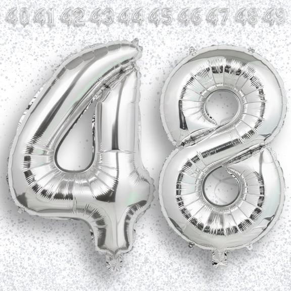 Silver Number 48 Mylar Foil Balloon 32 inch - Helium or Air Filled Metallic Balloons for 48th Birthday Party, Anniversary, Graduation Decorations