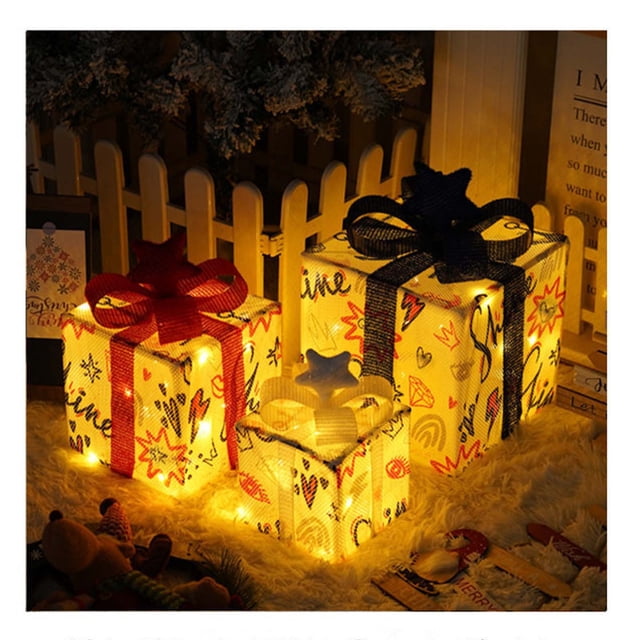 Fiudx Ofertas relámpago Nuevas luces de cadena navideñas, caja de regalo navideña, juego de tres regalos navideños, luces de colores, accesorios para la habitación, luces decorativas